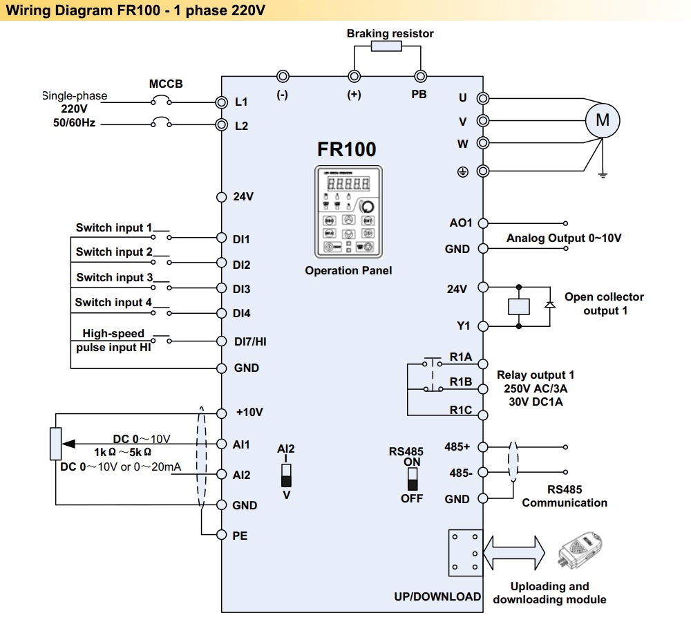 Cách đấu nối dây Biến tần Frecon FR100-2S-2.2B